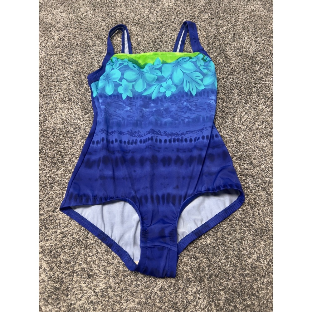 Le Cove Womens Blue Floral Tie Dye One Piece Swimsuit Size 14 Square Neck